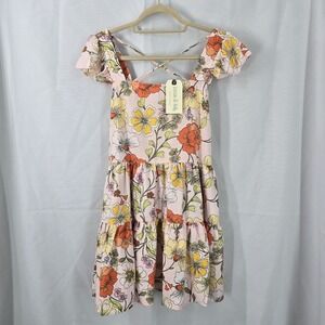 Lottie & Holly‎ BOG Collective Floral Tiered Mini Dress Blush Rust Womens Small